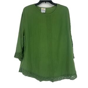 Dunes Green Gauzy Top Lace Trim 3/4 Sleeves Lagenlook Beach Minimalist Sz M
